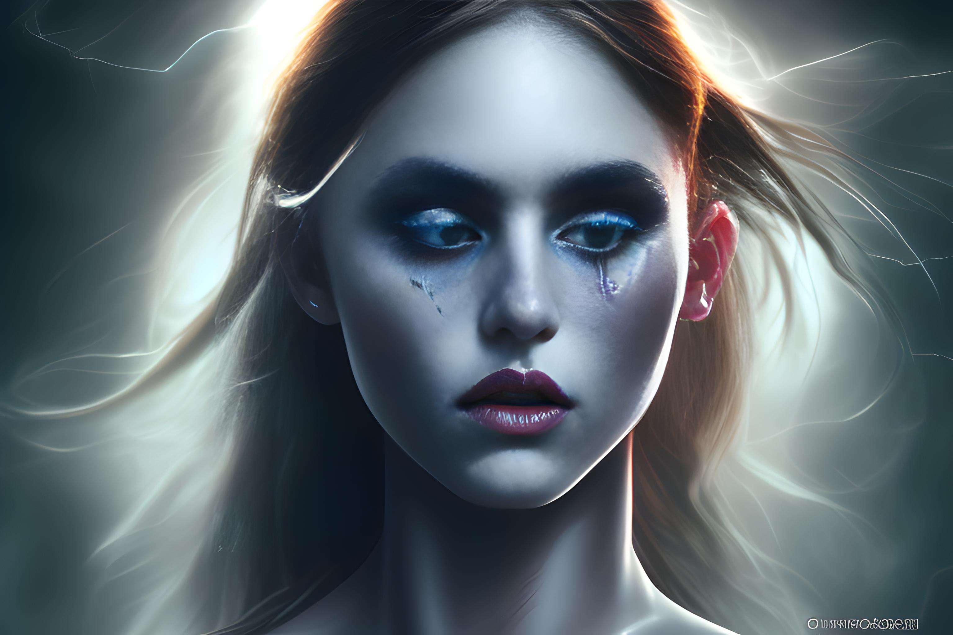 a girl fighting with demons, athletic body ,long hair ,blue eyes ...